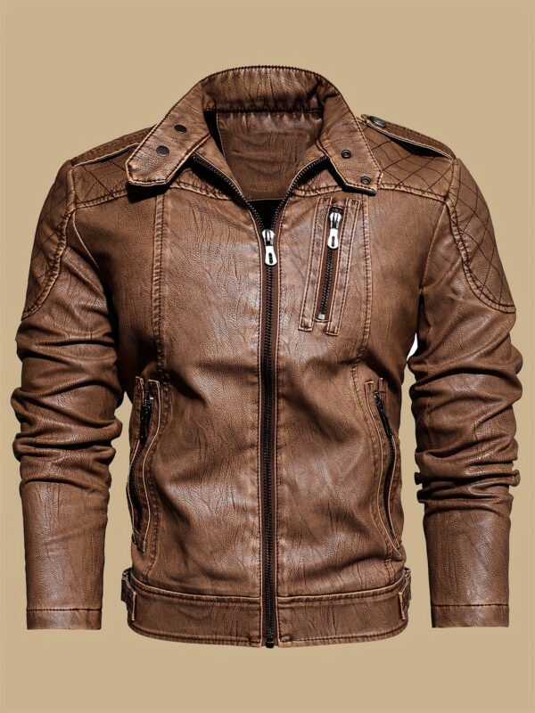 Men's Solid Color Stylish PU Leather Jacket, Chest Pocket Design Street Style Retro Classic Warm Motor Jacket As Gift