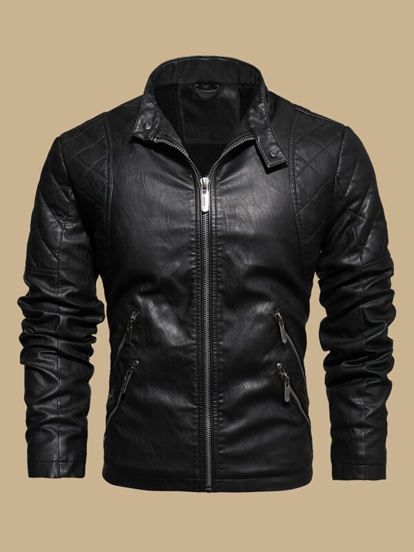 Windproof Shield] Men's Retro PU Leather Motorcycle Jacket - Windproof, Warm Fleece Lined, Adjustable Cuffs, Multiple Zippers & Pockets, Stand Collar, Black, Vintage Style for Fall/Winter Riding & Casual Wear, Motorcycle Protective Gear - Image 4