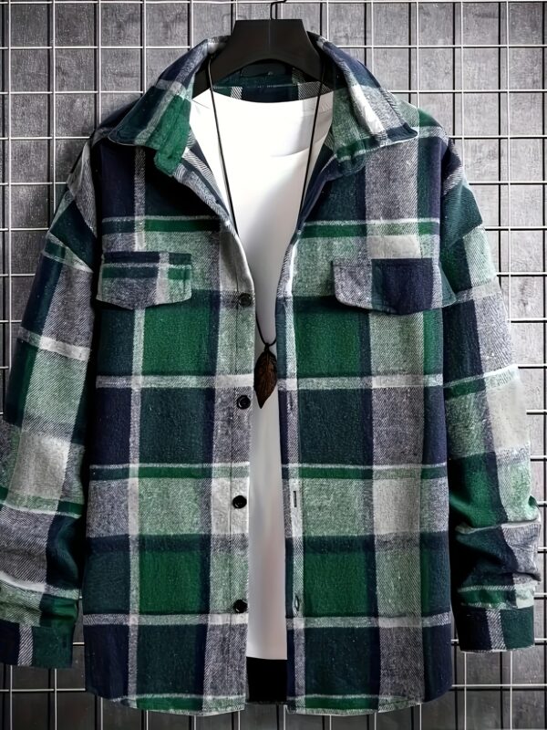 Men's Stylish Plaid Flannel Shirt - Long Sleeve, Button-Up Collar with Chest Pockets, Dark Green & Blue-Gray Checkered Pattern, Casual Outdoor Fall/Winter Wear, Casual Outdoor Shirt | Sporty Style Shirt | Polyester Flannel - Image 2
