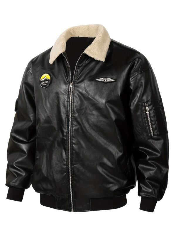 Men's Solid Color PU Leather Bomber Jacket, Casual Comfortable Fleece-Lined Lapel Long Sleeve Outerwear with Zipper Closure, Polyester Lining, and Aviation-Inspired Design for Fall/Winter Outdoor Activities, Outdoor Casual Wear | Aviationinspired Jacket | Durable Outdoor Wear - Image 6