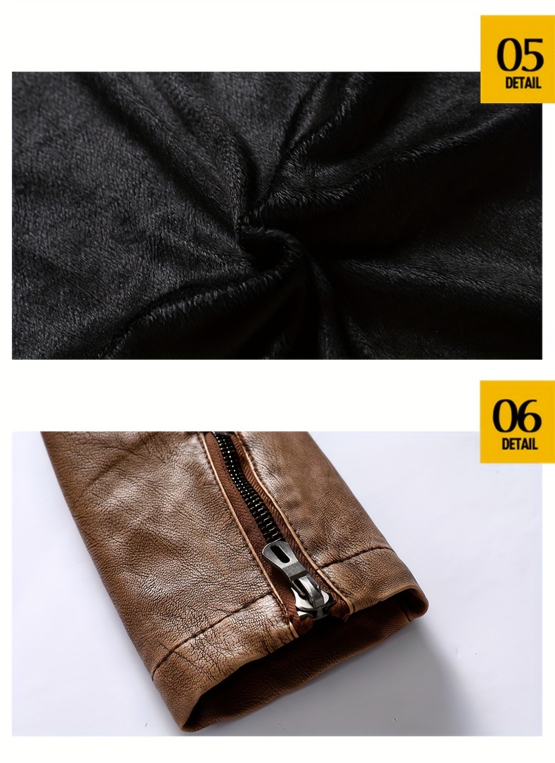 Men's Solid Color Stylish PU Leather Jacket, Chest Pocket Design Street Style Retro Classic Warm Motor Jacket As Gift