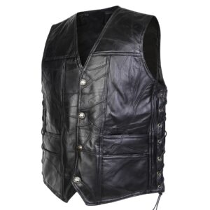 Men's 1pc Faux Leather V-Neck Sleeveless Vest - Motorcycle Riding Clubwear with Hidden Pockets, Snap Buttons & Adjustable Laces, 100% Faux Leather Motocross Jacket