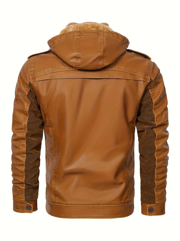[Vintage Charm] Men's Warm Fleece-Lined PU Leather Jacket - Vintage Brown Biker Style with Zippered Hood, Plush Fur Collar & Cuffs, Long Sleeve Winter Coat for Casual Streetwear, Biker Jacket - Image 4