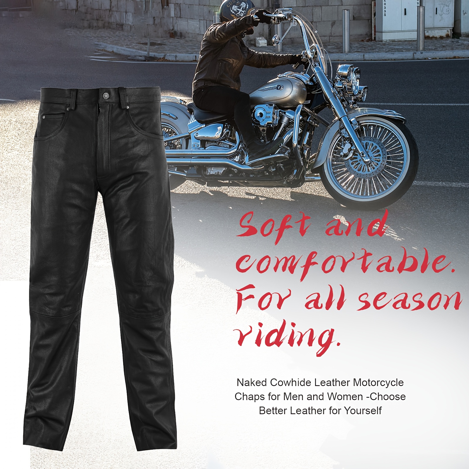 Mens Motorcycle Black Leather Pants With 5 Pockets, Heavy Duty Jeans Style Cowhide Leather Motorcycle Riding Pants/Chaps For Biker