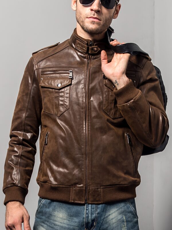 Retro Brown FLAVOR Men's Biker Jacket - Long Sleeve, Stand Collar, Zip-Up, Multiple Pockets, Casual Motorcycle Style, Men's Leather Jacket, Glossy Finish - Image 7