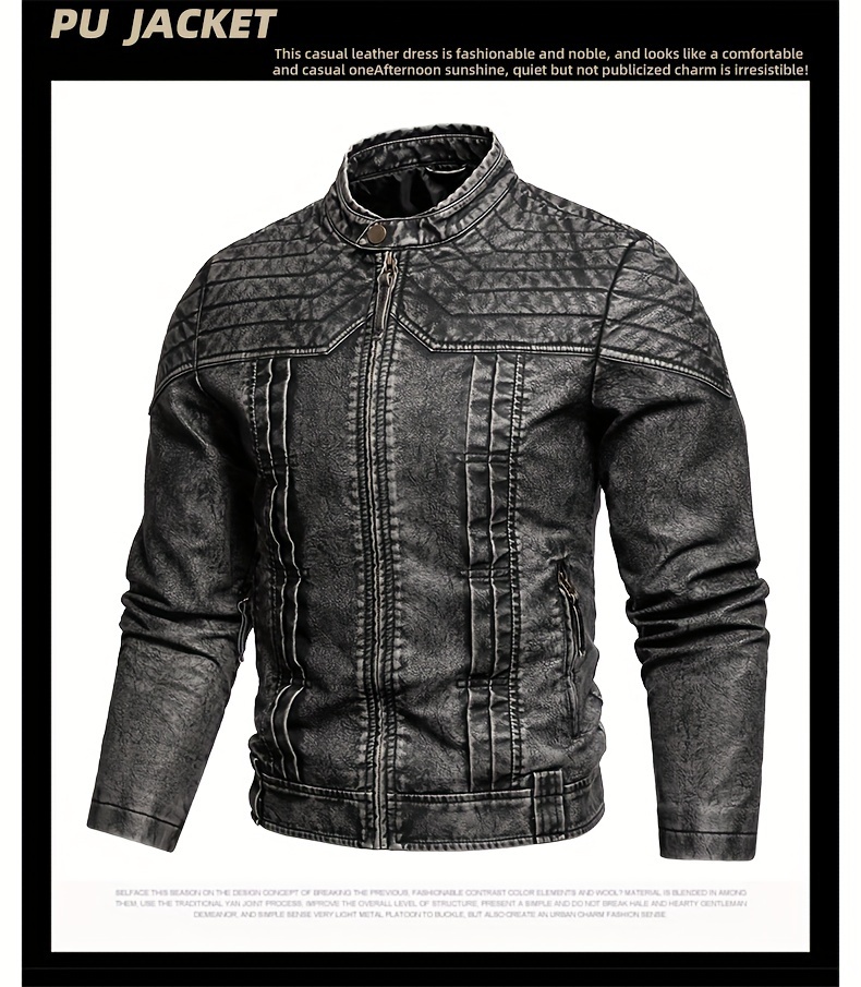 1pc Vintage Style Men'S Faux Leather Jacket - Classic Business Casual Motorcycle Biker Coat, High-Quality Fashion Outerwear with Washed Distressed Finish, Stand Collar, Long Sleeves, Zipper Closure, Non-Stretch Woven Fabric, Solid Color, Polyester Lining - Ideal for Daily & Casual Wear