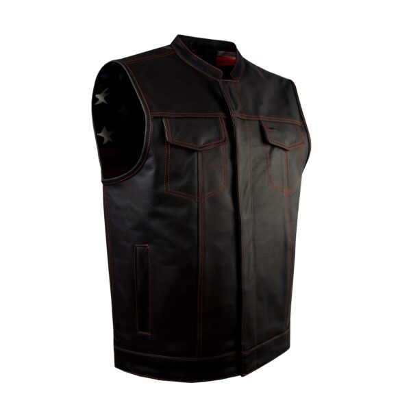 Men'S Premium Cowhide Leather Vest No Collar Motorcycle Club Vest With Red/USA FLAG Liner For Men - Image 2