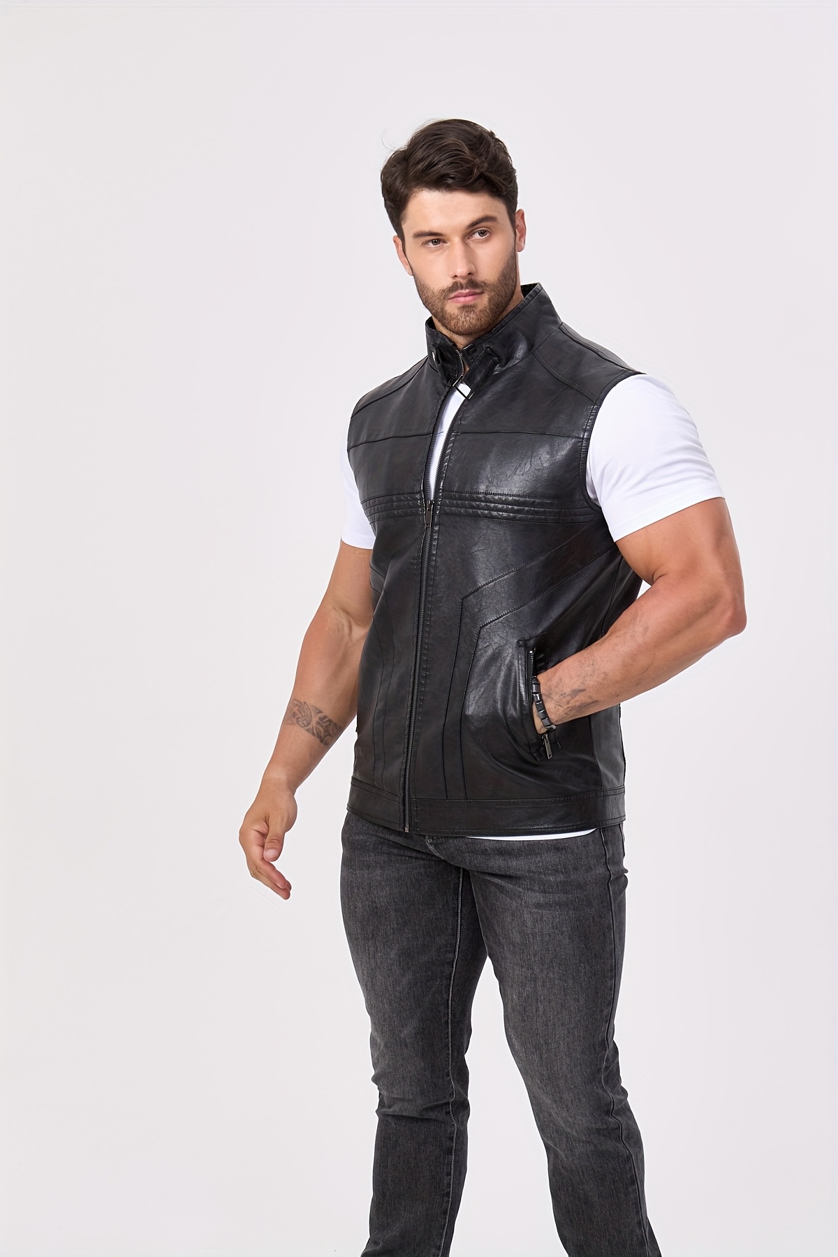 Men's PU Leather Motorcycle Vest - Slim Fit Sleeveless Jacket with Zippered Pockets, Stand Collar & Reinforced Straps, PU Leather & Polyester Blend for Biking, Casual, Daily Wear (Black)