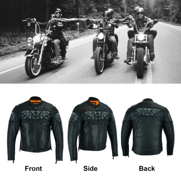 Black Motorcycle Jacket for Men, Genuine Concealed Carry Racing Jacket with Reflective Skulls, Motorcycle Biker Coat Jacket, - Image 3
