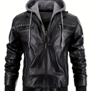 Men'S Casual Stand Collar PU Faux-Faux Leather Zip-Up Motorcycle Bomber Jacket with A Removable Hood