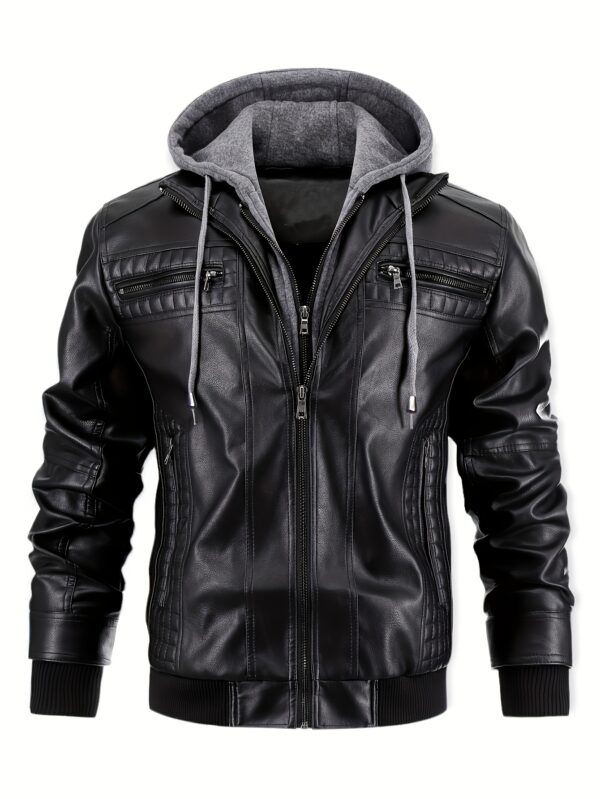Men'S Casual Stand Collar PU Faux-Faux Leather Zip-Up Motorcycle Bomber Jacket with A Removable Hood