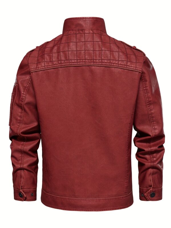 Men's Retro Red Biker Jacket - Stand Collar, Multi-Zip Pockets, Soft Shell Streetwear for Spring & Fall - Image 6