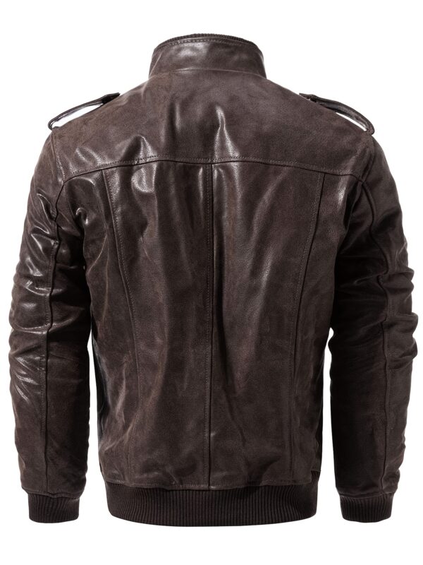 Retro Brown FLAVOR Men's Biker Jacket - Long Sleeve, Stand Collar, Zip-Up, Multiple Pockets, Casual Motorcycle Style, Men's Leather Jacket, Glossy Finish - Image 8