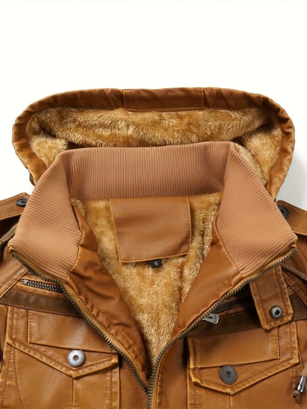 [Vintage Charm] Men's Warm Fleece-Lined PU Leather Jacket - Vintage Brown Biker Style with Zippered Hood, Plush Fur Collar & Cuffs, Long Sleeve Winter Coat for Casual Streetwear, Biker Jacket - Image 6