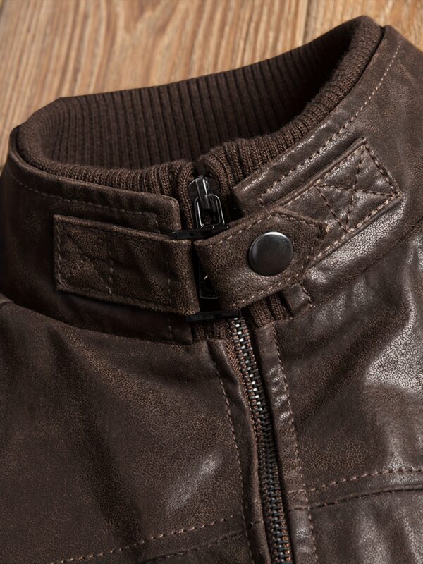 Retro Brown FLAVOR Men's Biker Jacket - Long Sleeve, Stand Collar, Zip-Up, Multiple Pockets, Casual Motorcycle Style, Men's Leather Jacket, Glossy Finish - Image 10