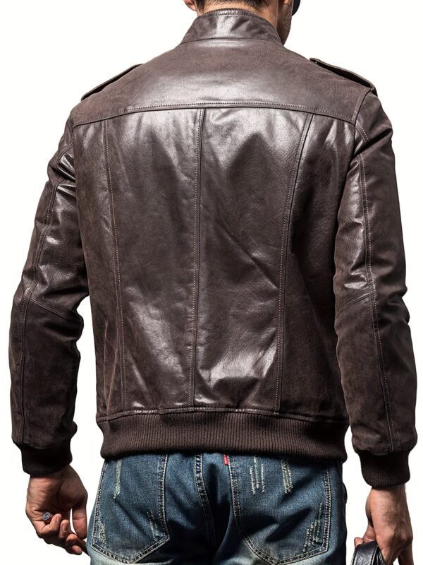 Retro Brown FLAVOR Men's Biker Jacket - Long Sleeve, Stand Collar, Zip-Up, Multiple Pockets, Casual Motorcycle Style, Men's Leather Jacket, Glossy Finish - Image 5