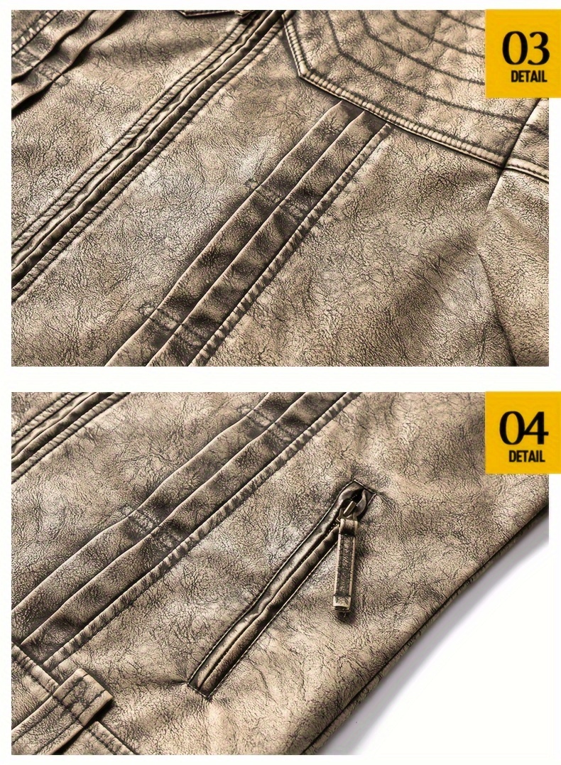 1pc Vintage Style Men'S Faux Leather Jacket - Classic Business Casual Motorcycle Biker Coat, High-Quality Fashion Outerwear with Washed Distressed Finish, Stand Collar, Long Sleeves, Zipper Closure, Non-Stretch Woven Fabric, Solid Color, Polyester Lining - Ideal for Daily & Casual Wear
