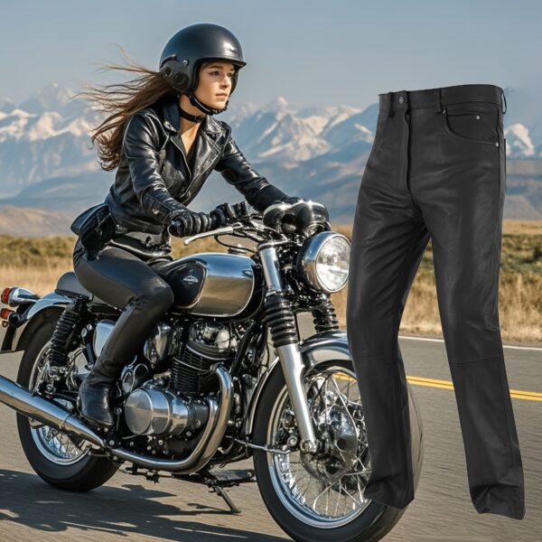 Mens Motorcycle Black Leather Pants With 5 Pockets, Heavy Duty Jeans Style Cowhide Leather Motorcycle Riding Pants/Chaps For Biker - Image 2