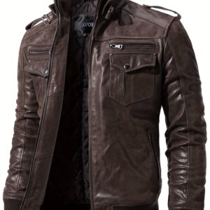 Retro Brown FLAVOR Men's Biker Jacket - Long Sleeve, Stand Collar, Zip-Up, Multiple Pockets, Casual Motorcycle Style, Men's Leather Jacket, Glossy Finish