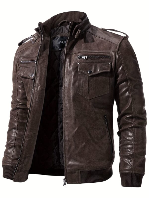 Retro Brown FLAVOR Men's Biker Jacket - Long Sleeve, Stand Collar, Zip-Up, Multiple Pockets, Casual Motorcycle Style, Men's Leather Jacket, Glossy Finish