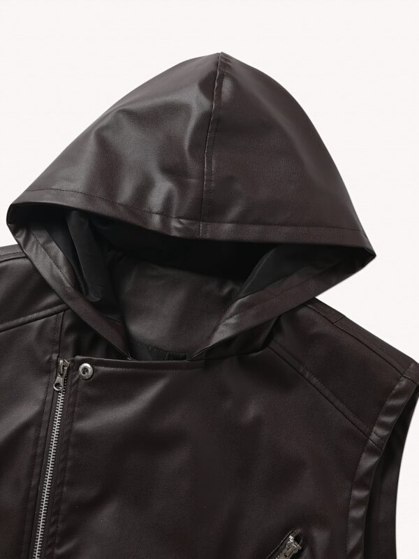 Spring summer motorcycle sleeveless leather vest coat men's fashion casual vest wearing pu hooded vest men - Image 5