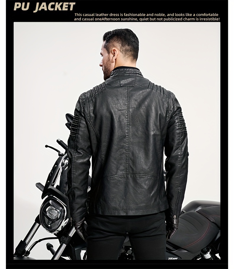 Men's Solid Color Retro PU Leather Jacket, Multi-pocket Street Stylish Classic Bomber Jacket