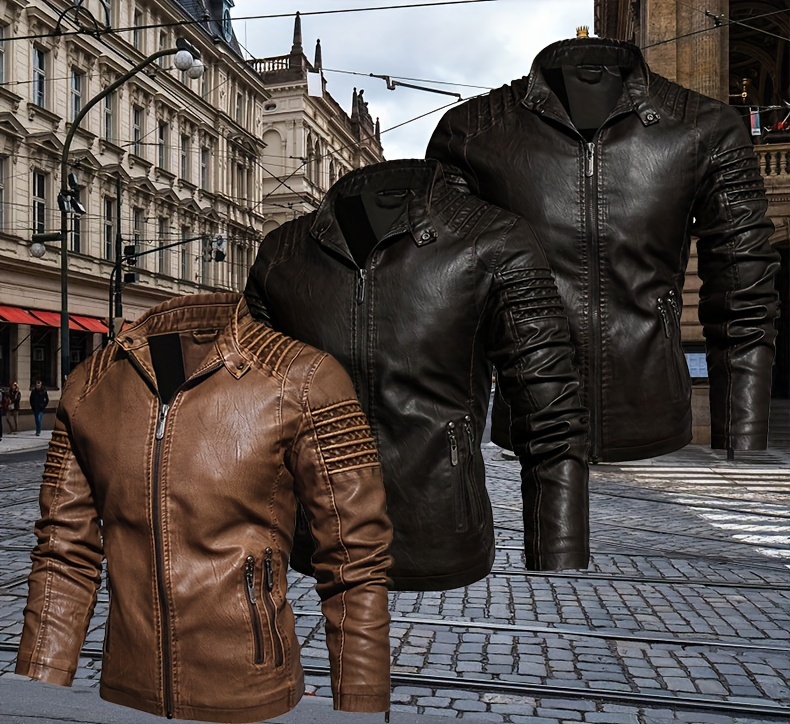 Men's Solid Color Retro PU Leather Jacket, Multi-pocket Street Stylish Classic Bomber Jacket