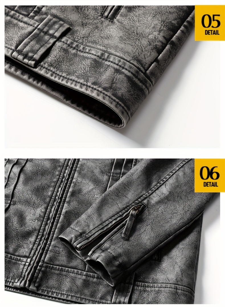 1pc Vintage Style Men'S Faux Leather Jacket - Classic Business Casual Motorcycle Biker Coat, High-Quality Fashion Outerwear with Washed Distressed Finish, Stand Collar, Long Sleeves, Zipper Closure, Non-Stretch Woven Fabric, Solid Color, Polyester Lining - Ideal for Daily & Casual Wear