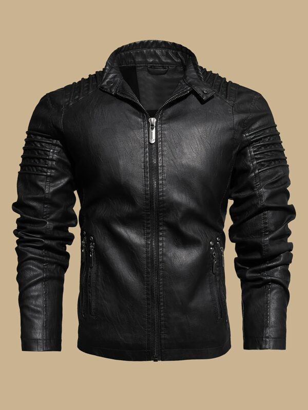 Men's Solid Color Retro PU Leather Jacket, Multi-pocket Street Stylish Classic Bomber Jacket - Image 8