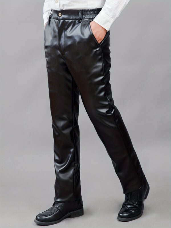 Men's Fleece Lined Solid PU Faux-Leather Pants, Casual Comfy Warm Winter Outdoor Trousers As Gift