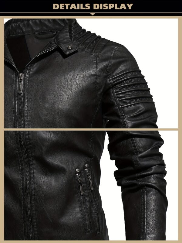 Men's Solid Color Retro PU Leather Jacket, Multi-pocket Street Stylish Classic Bomber Jacket - Image 10