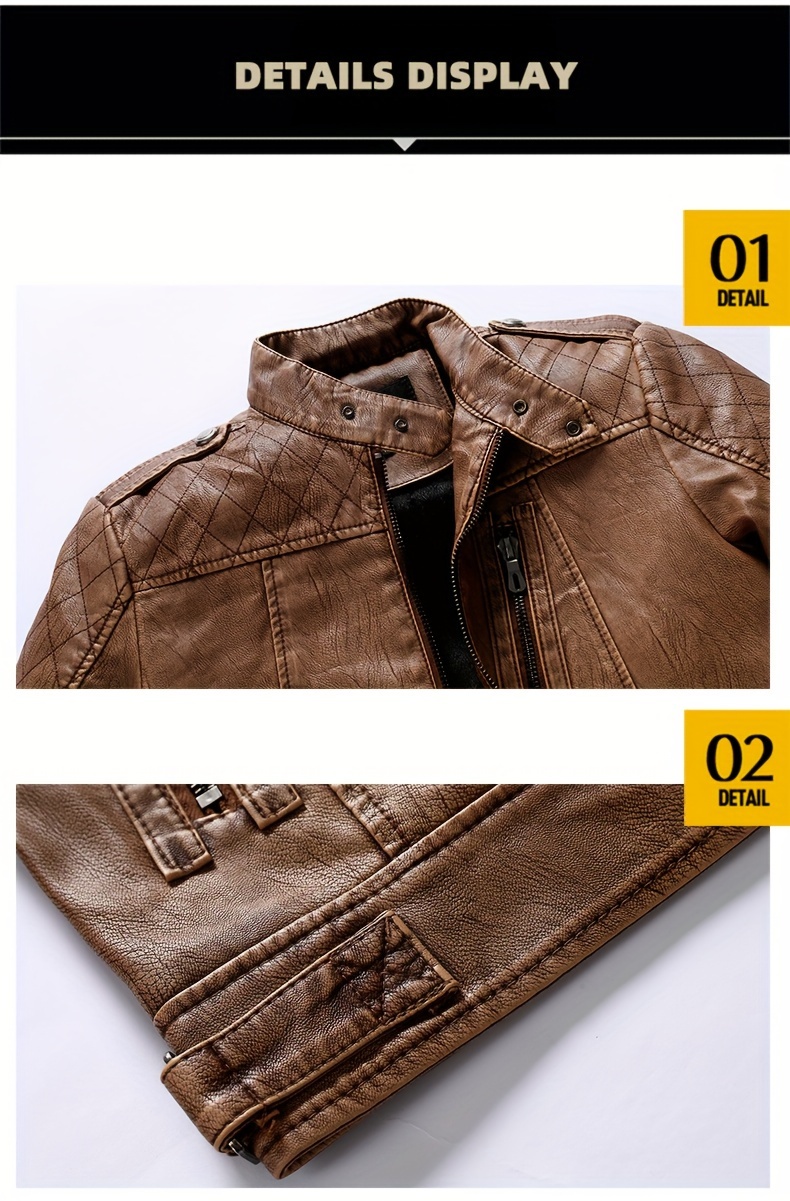 Men's Solid Color Stylish PU Leather Jacket, Chest Pocket Design Street Style Retro Classic Warm Motor Jacket As Gift