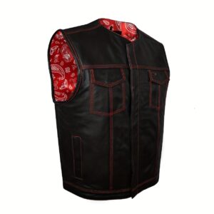 Men'S Premium Cowhide Leather Vest No Collar Motorcycle Club Vest With Red/USA FLAG Liner For Men