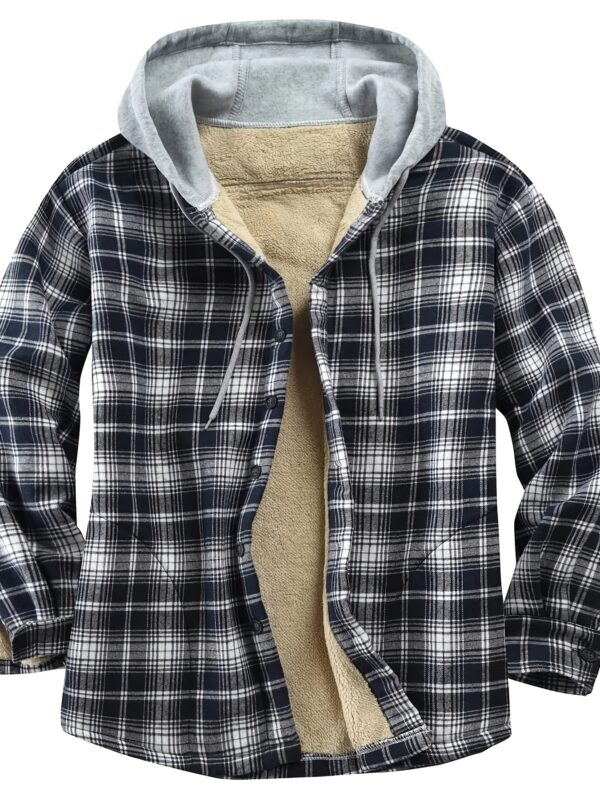 Men's Vintage Plaid Fleece-Lined Hooded Jacket - Warm Sherpa-Lined Button- Shirt with Pockets for Fall & Winter, Beige & Black Retro Style, Long Sleeve, Cotton Blend, Umbrella-Shaped Hem, Fleece Jacket - Image 4