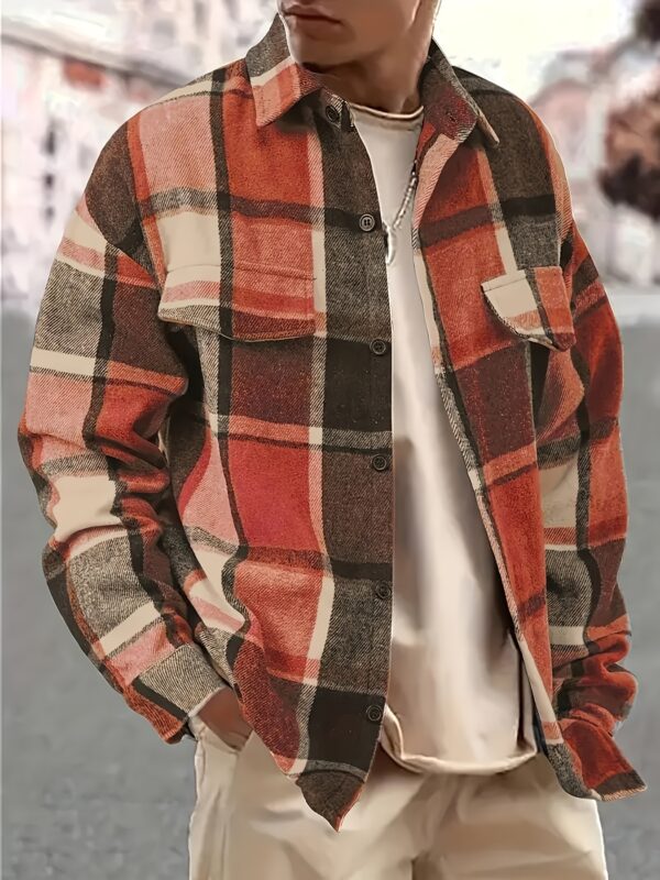Men's Stylish Plaid Flannel Shirt - Long Sleeve, Button-Up Collar with Chest Pockets, Dark Green & Blue-Gray Checkered Pattern, Casual Outdoor Fall/Winter Wear, Casual Outdoor Shirt | Sporty Style Shirt | Polyester Flannel - Image 6