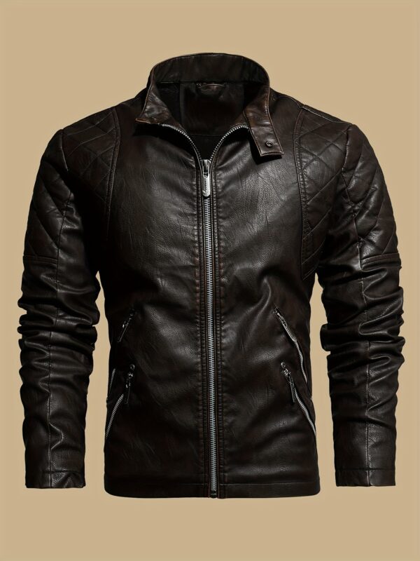 Windproof Shield] Men's Retro PU Leather Motorcycle Jacket - Windproof, Warm Fleece Lined, Adjustable Cuffs, Multiple Zippers & Pockets, Stand Collar, Black, Vintage Style for Fall/Winter Riding & Casual Wear, Motorcycle Protective Gear - Image 2