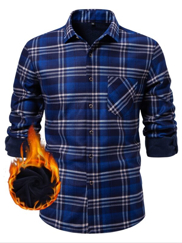 Long Sleeve Plaid Shirt - Velvet-Lined, Button-Up, Cozy - Men's Casual Fall/Winter Wear - Image 5