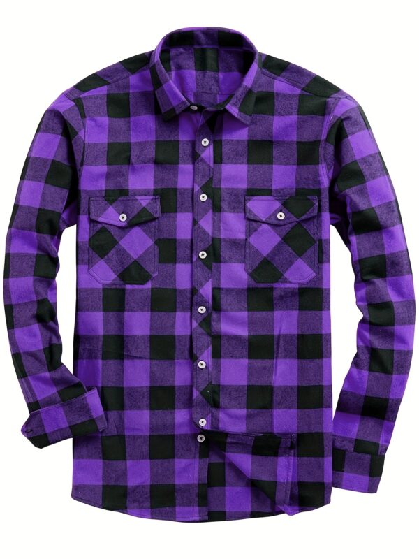 Blue and Black Check Pattern Men's Casual Sporty Plaid Flannel Shirt - Long Sleeve, Button-Up with Chest Pocket, Non-Stretch Fabric - Image 4