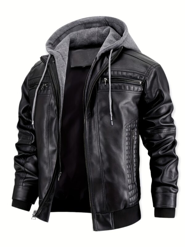 Men'S Casual Stand Collar PU Faux-Faux Leather Zip-Up Motorcycle Bomber Jacket with A Removable Hood - Image 5