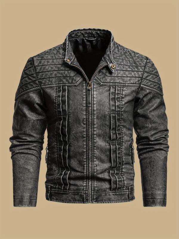 1pc Vintage Style Men'S Faux Leather Jacket - Classic Business Casual Motorcycle Biker Coat, High-Quality Fashion Outerwear with Washed Distressed Finish, Stand Collar, Long Sleeves, Zipper Closure, Non-Stretch Woven Fabric, Solid Color, Polyester Lining - Ideal for Daily & Casual Wear - Image 5