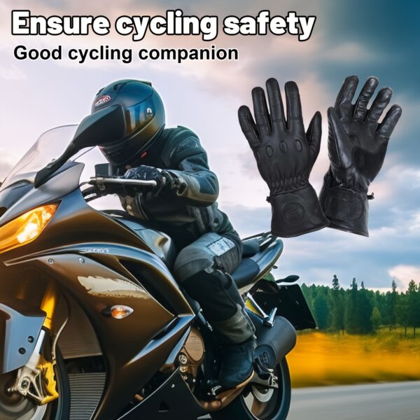 [Black Leather Motorcycle Gloves] Premium Black 1 Pair Men's Genuine Cowhide Leather Motorcycle Gloves - Warm, Comfortable Full Finger Design - Secure Wrist Closure for Road Racing, Cycling, Climbing & Power Sports - Image 4