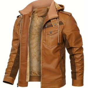 [Vintage Charm] Men's Warm Fleece-Lined PU Leather Jacket - Vintage Brown Biker Style with Zippered Hood, Plush Fur Collar & Cuffs, Long Sleeve Winter Coat for Casual Streetwear, Biker Jacket