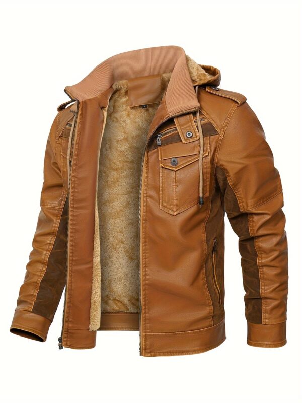 [Vintage Charm] Men's Warm Fleece-Lined PU Leather Jacket - Vintage Brown Biker Style with Zippered Hood, Plush Fur Collar & Cuffs, Long Sleeve Winter Coat for Casual Streetwear, Biker Jacket