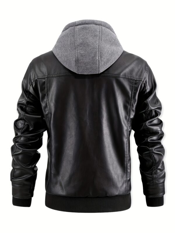Men'S Casual Stand Collar PU Faux-Faux Leather Zip-Up Motorcycle Bomber Jacket with A Removable Hood - Image 3
