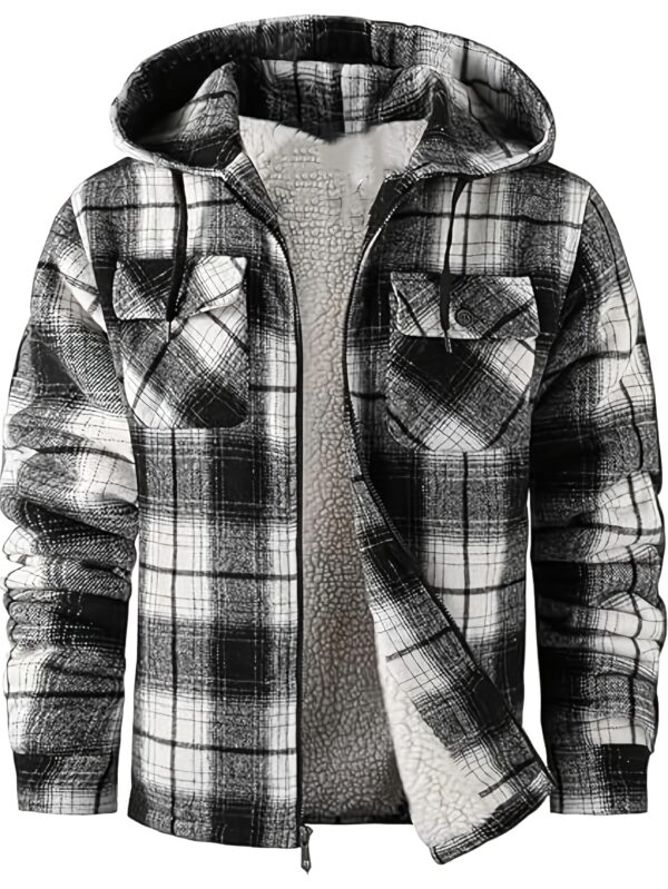 [Plaid Sherpa Hooded Jacket] Warm Plaid Hooded Jacket - Men's Durable Fleece-Lined Sherpa Coat with Full Zipper - Casual Winter Apparel with Chest Pockets and Drawstring Hood - Image 4