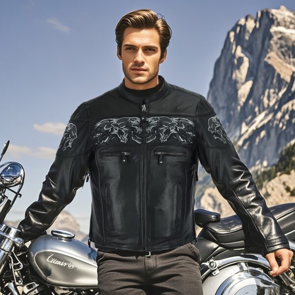 Black Motorcycle Jacket for Men, Genuine Concealed Carry Racing Jacket with Reflective Skulls, Motorcycle Biker Coat Jacket, - Image 4