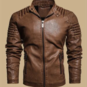 Men's Solid Color Retro PU Leather Jacket, Multi-pocket Street Stylish Classic Bomber Jacket
