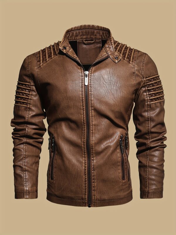 Men's Solid Color Retro PU Leather Jacket, Multi-pocket Street Stylish Classic Bomber Jacket