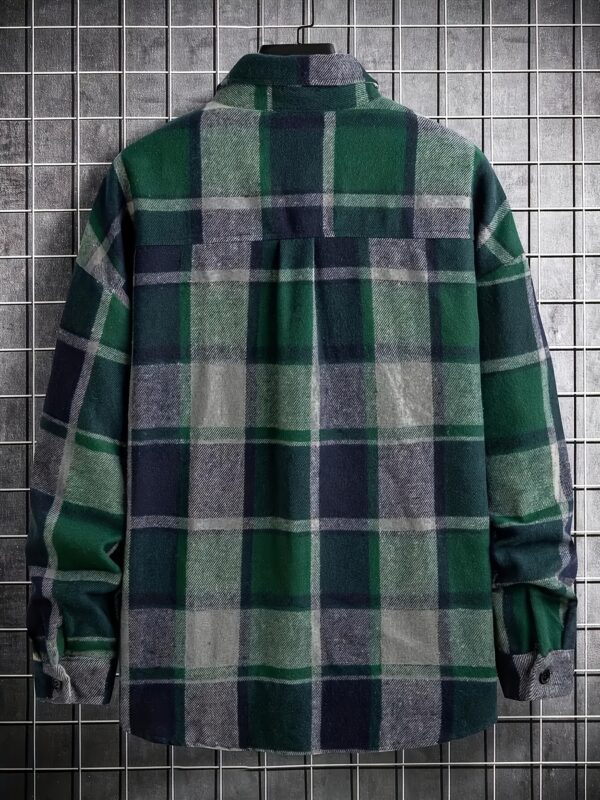Men's Stylish Plaid Flannel Shirt - Long Sleeve, Button-Up Collar with Chest Pockets, Dark Green & Blue-Gray Checkered Pattern, Casual Outdoor Fall/Winter Wear, Casual Outdoor Shirt | Sporty Style Shirt | Polyester Flannel - Image 7