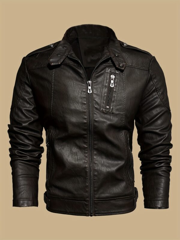 Men's Solid Color Stylish PU Leather Jacket, Chest Pocket Design Street Style Retro Classic Warm Motor Jacket As Gift - Image 3